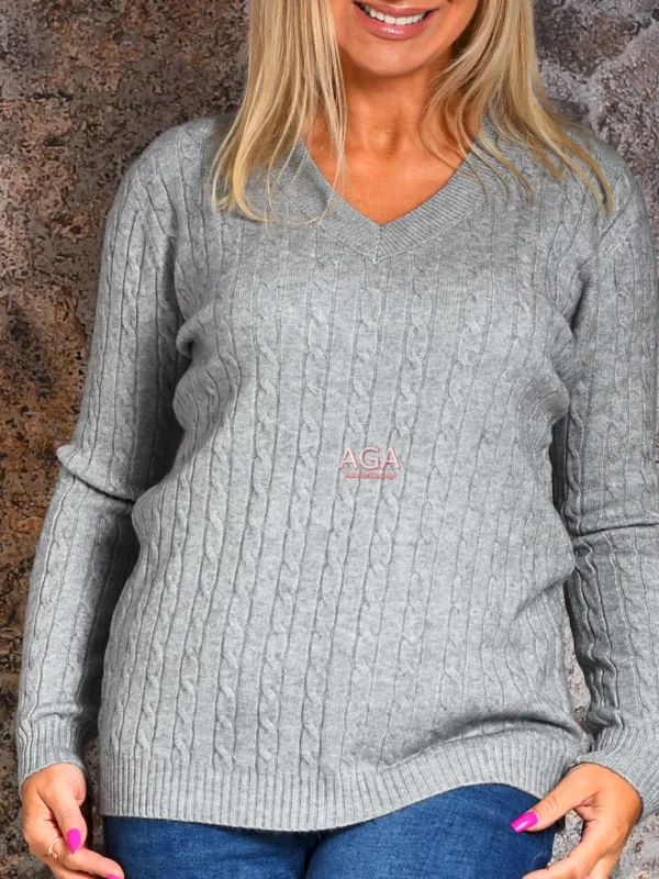 Sweter w warkocze dekolt serek ADA - Szary