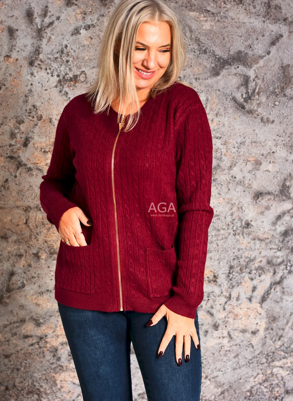 Sweter w warkocze zapinany na zamek GUSTA - obrazek 7